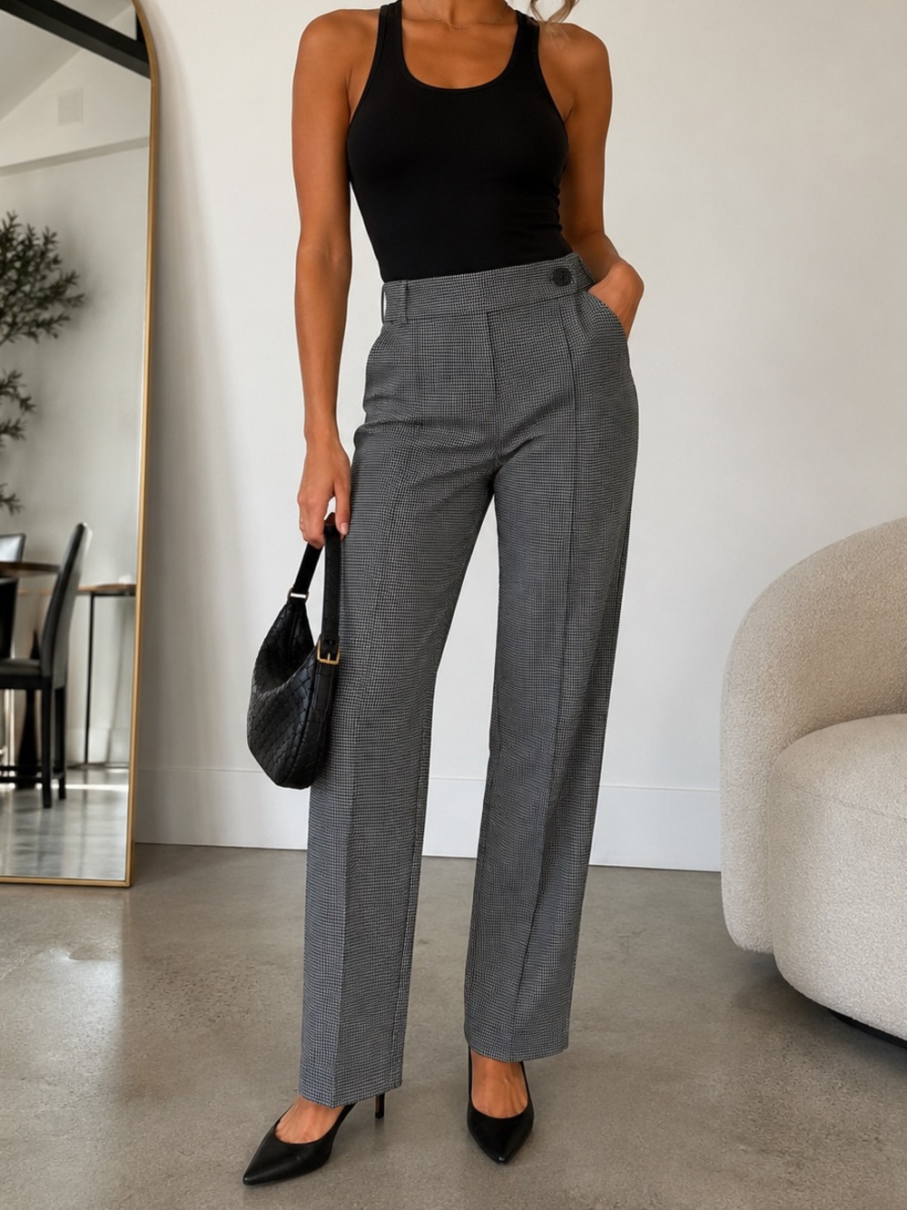 Balenciaga Black Tank with Gray Straight-Leg Trousers